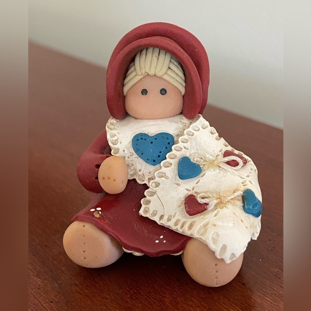 Small Clay Woman in Bonnet Sewing a Quilt - Crafting